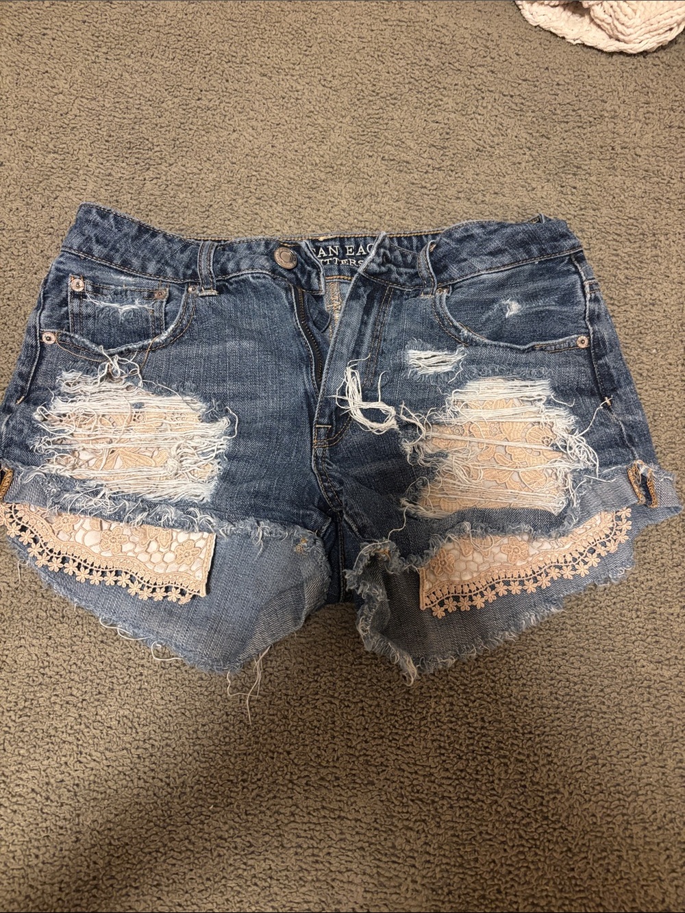 American Eagle Outfitters Distressed Blue Denim Shorts with Cream Lace